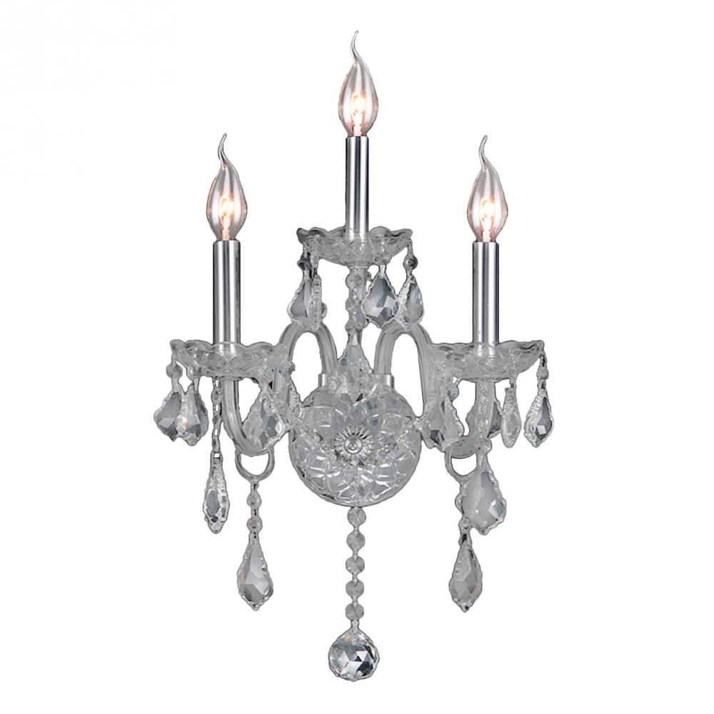 Provence 3-Light Chrome Finish and Clear Crystal Candle Wall Sconce Light 13 in. W x 18 in. H Medium