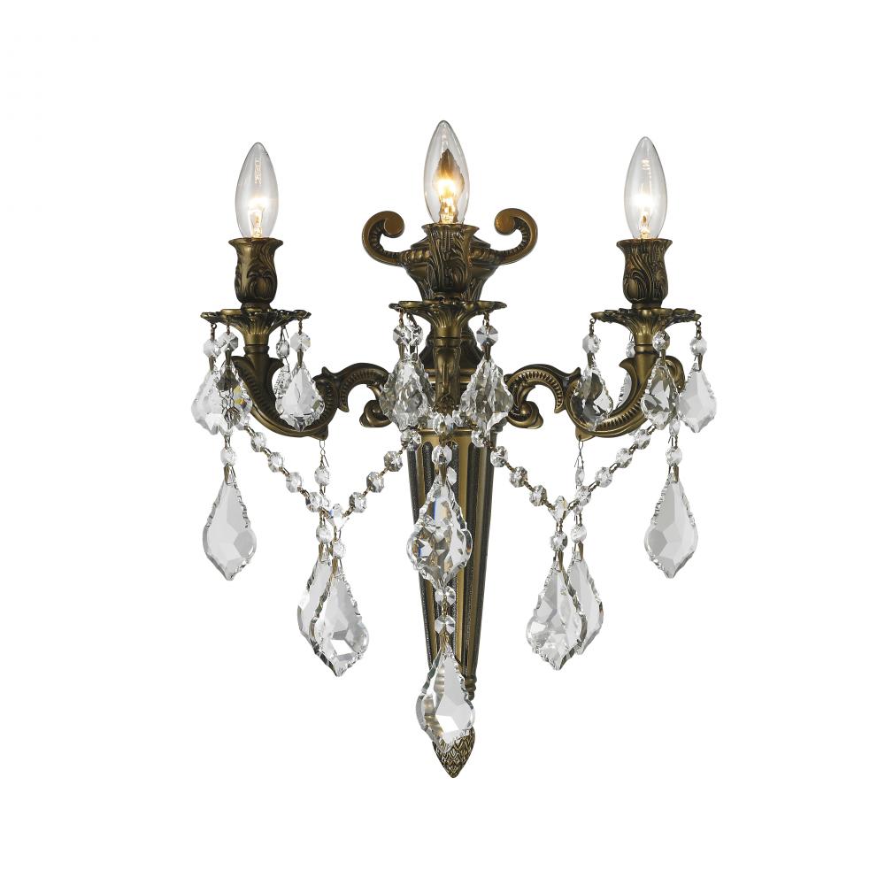 Versailles 3-Light Antique Bronze Finish Crystal Torch Wall Sconce Light 15 in. W x 18 in. H Large