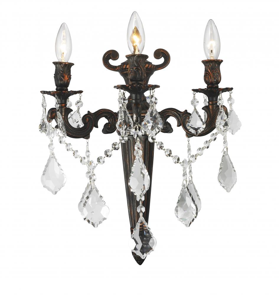 Versailles 3 -Light dark Bronze Finish Crystal Torch Wall Sconce Light 15 in. W x 18 in. H Large