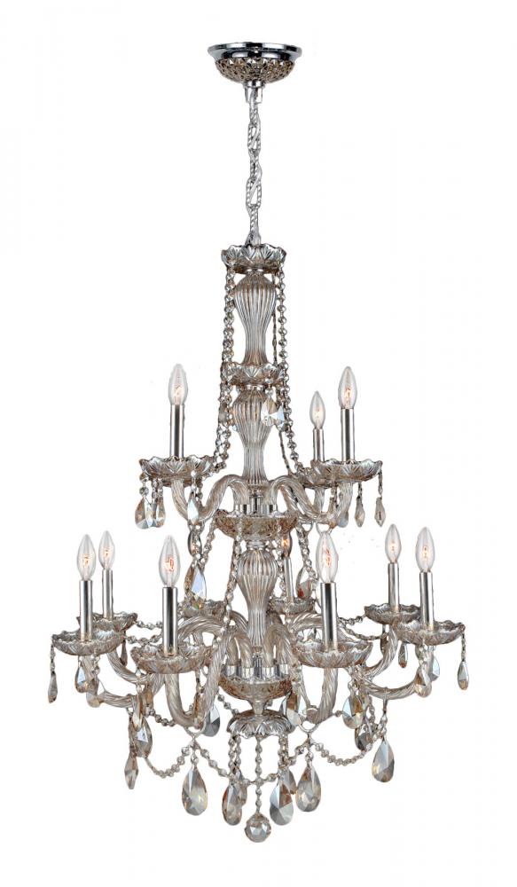 Provence 12-Light Chrome Finish and Golden Teak Crystal Chandelier 28 in. Dia x 41 in. H Two 2 Tier 