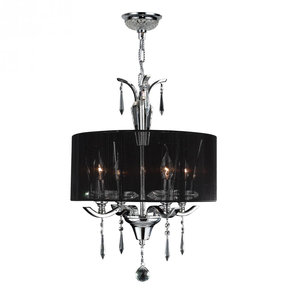 Gatsby 4-Light Chrome Finish and Clear Crystal Chandelier with Black String drum Shade 16 in. Dia x