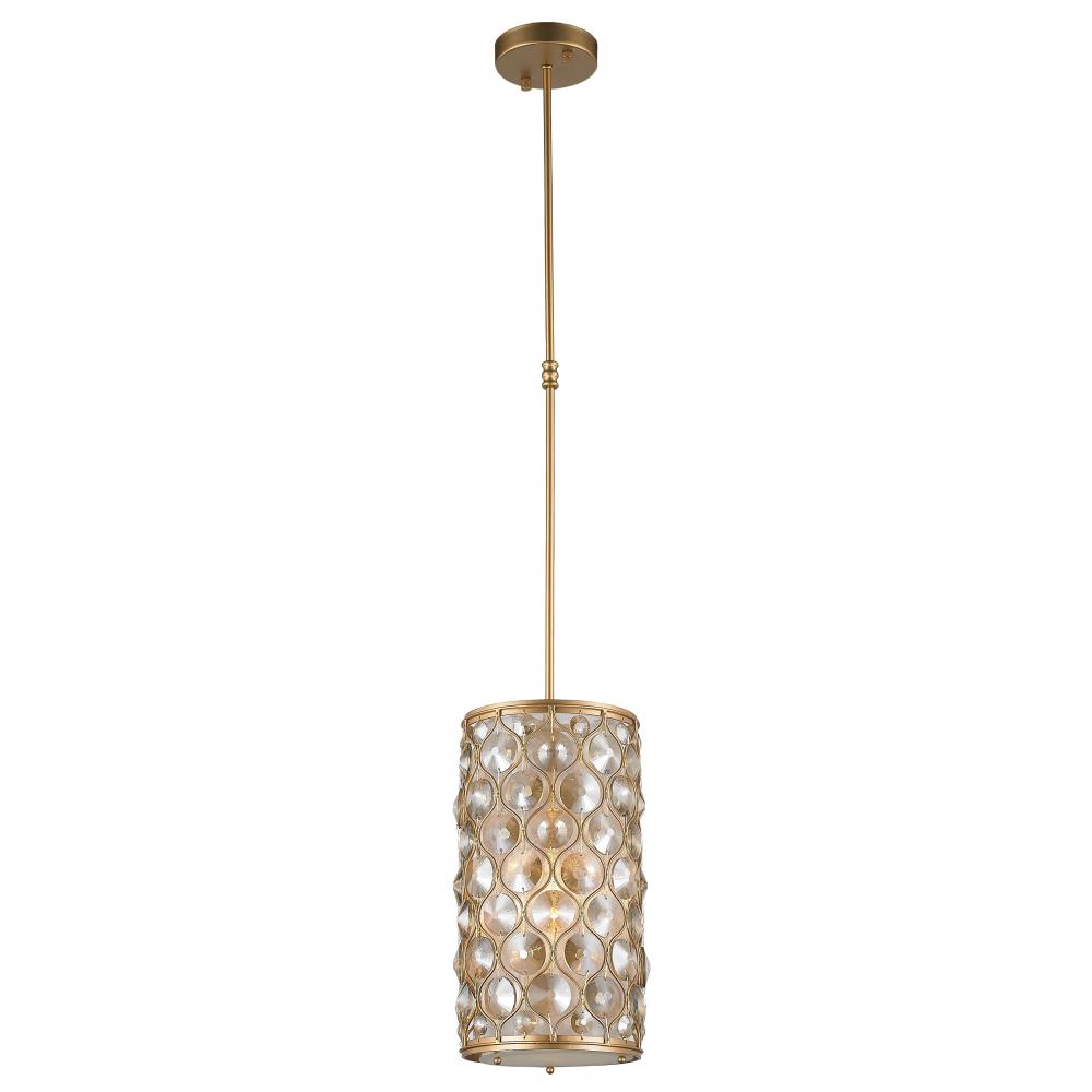 Paris 1-Light Matte Gold Finish with Golden Teak Crystal Mini Pendant Light 8 in. Dia x 15 in. H