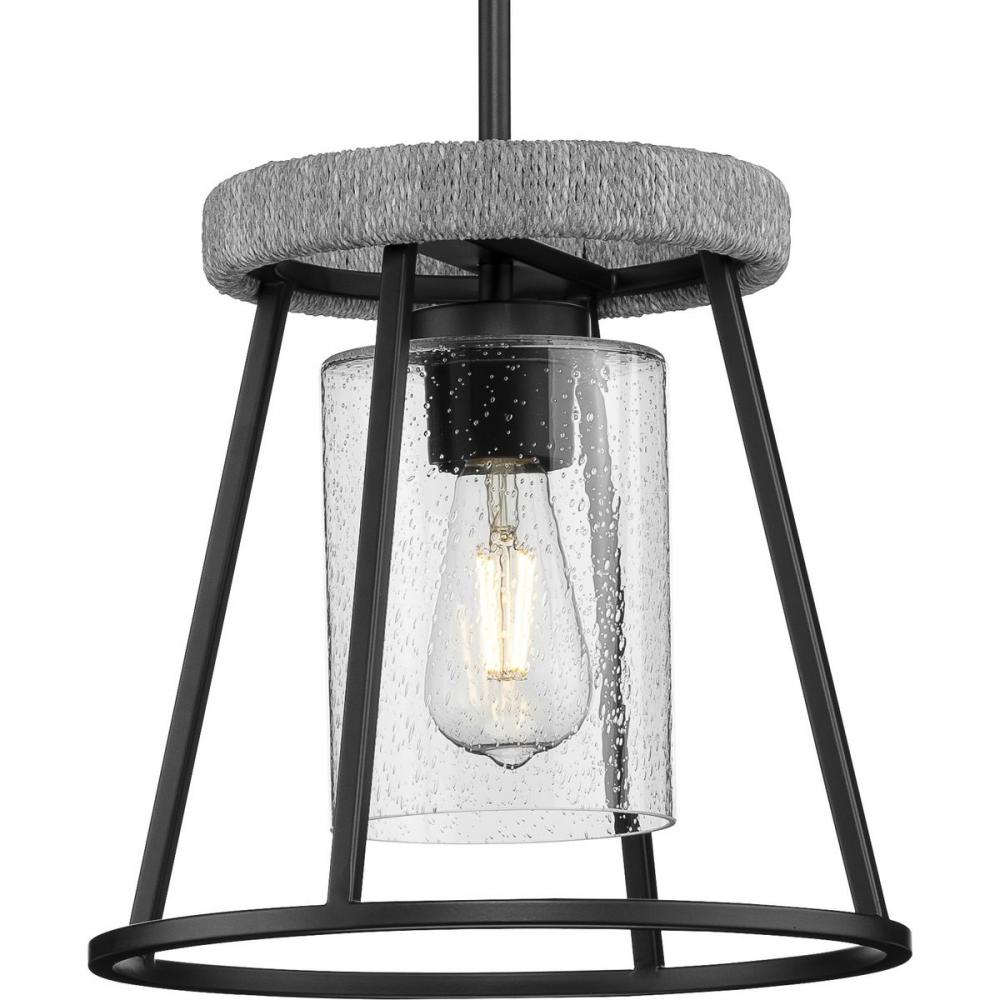 Laramie Collection One-Light Matte Black Rustic Modern Clear Seeded Glass Pendant