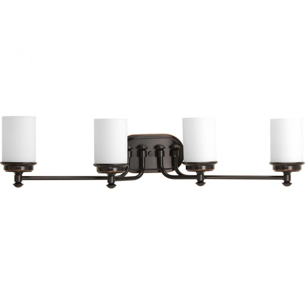 Glide Collection Four-Light Rubbed Bronze Etched Opal Glass Coastal Bath Vanity Light