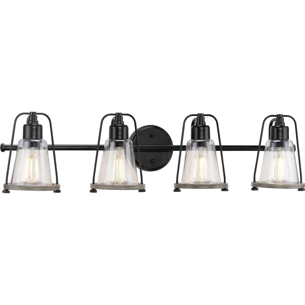 Conway Collection Four-Light Matte Black and Clear Seeded Farmhouse Style Bath Vanity Wall Light