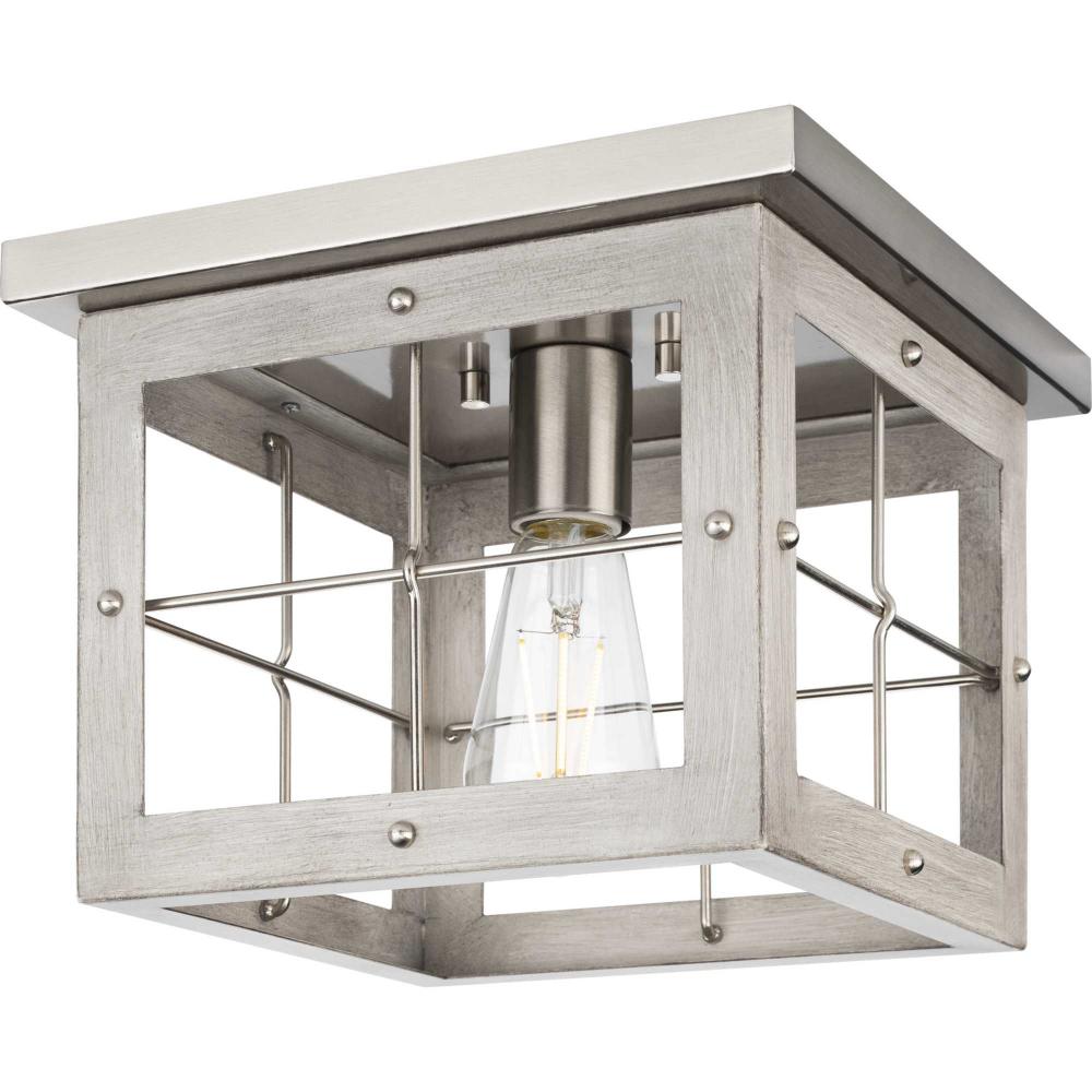 Hedgerow Collection One-Light Brushed Nickel and Grey Washed Oak Farmhouse Style Flush Mount Ceiling