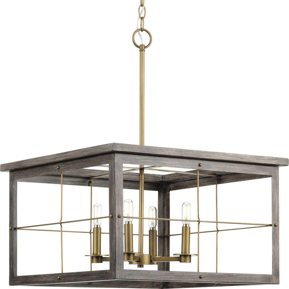 Hedgerow Collection Four-Light Distressed Brass and Aged Oak Farmhouse Style Chandelier Light