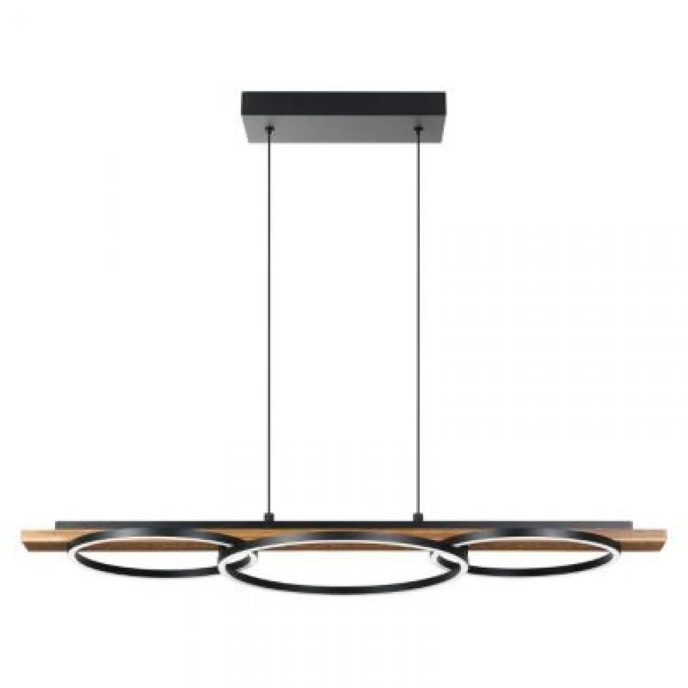 Boyal - 3Lt Integrated LED Pendant With a Brushed Pine Wood Finish and Structured Black Shades