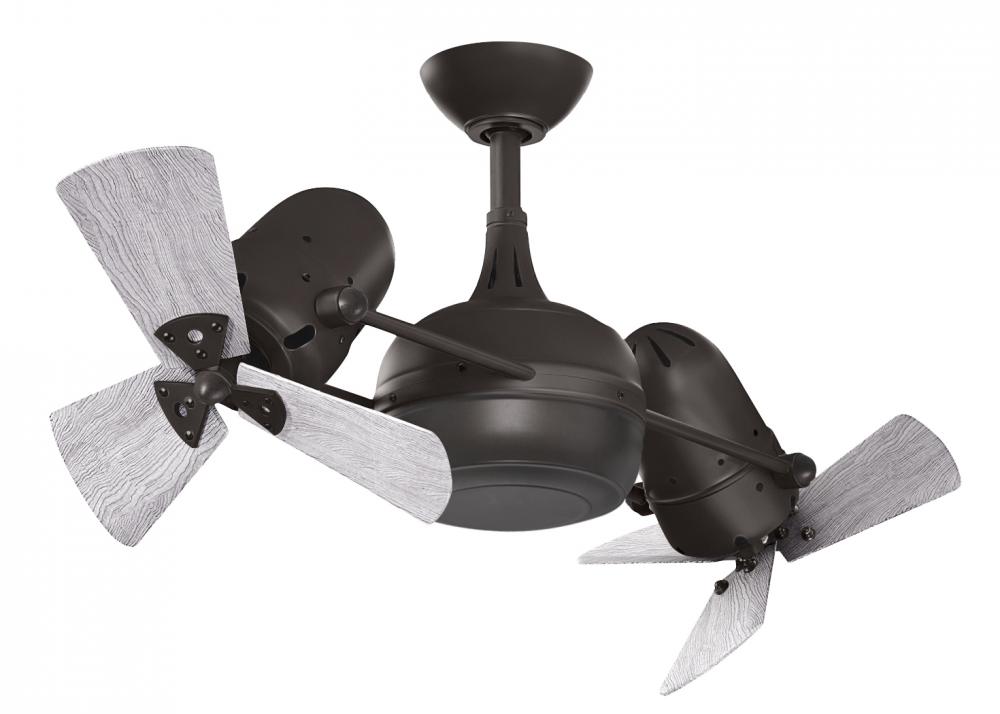 Dagny 360° double-headed rotational ceiling fan in Textured Bronze finish with solid barn wood bl