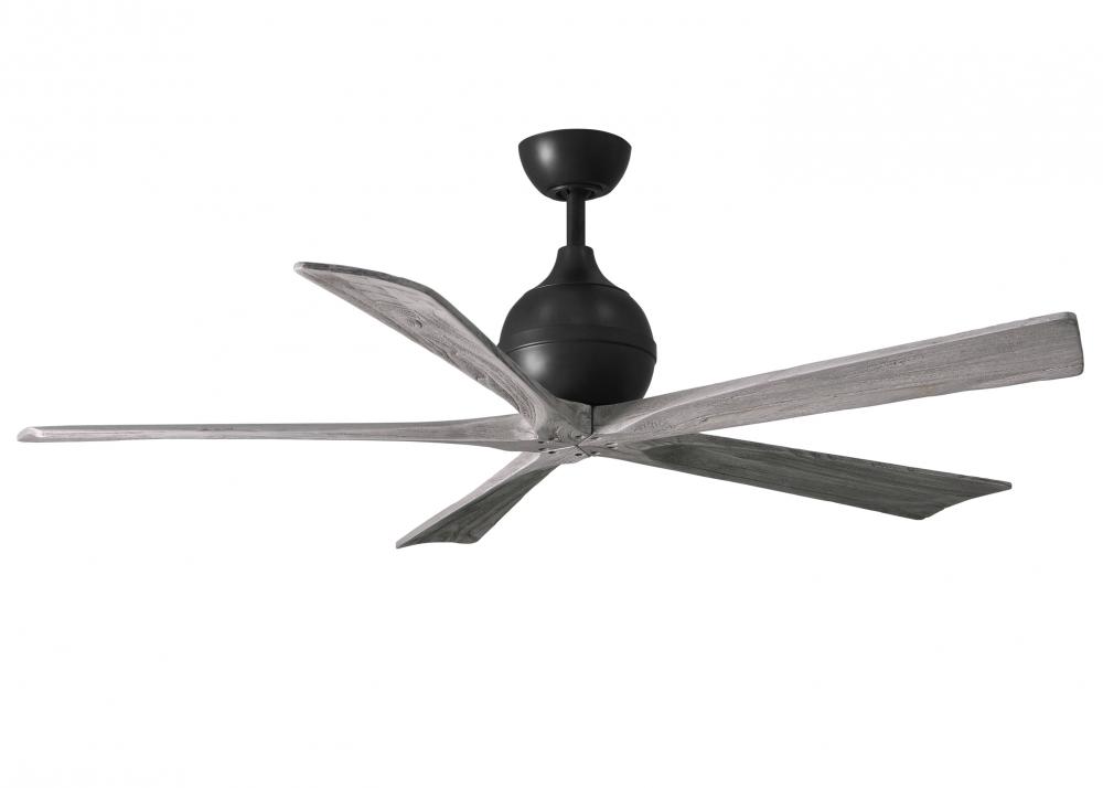 Irene-5 five-blade paddle fan in Matte Black finish with 60" solid barn wood tone blades.