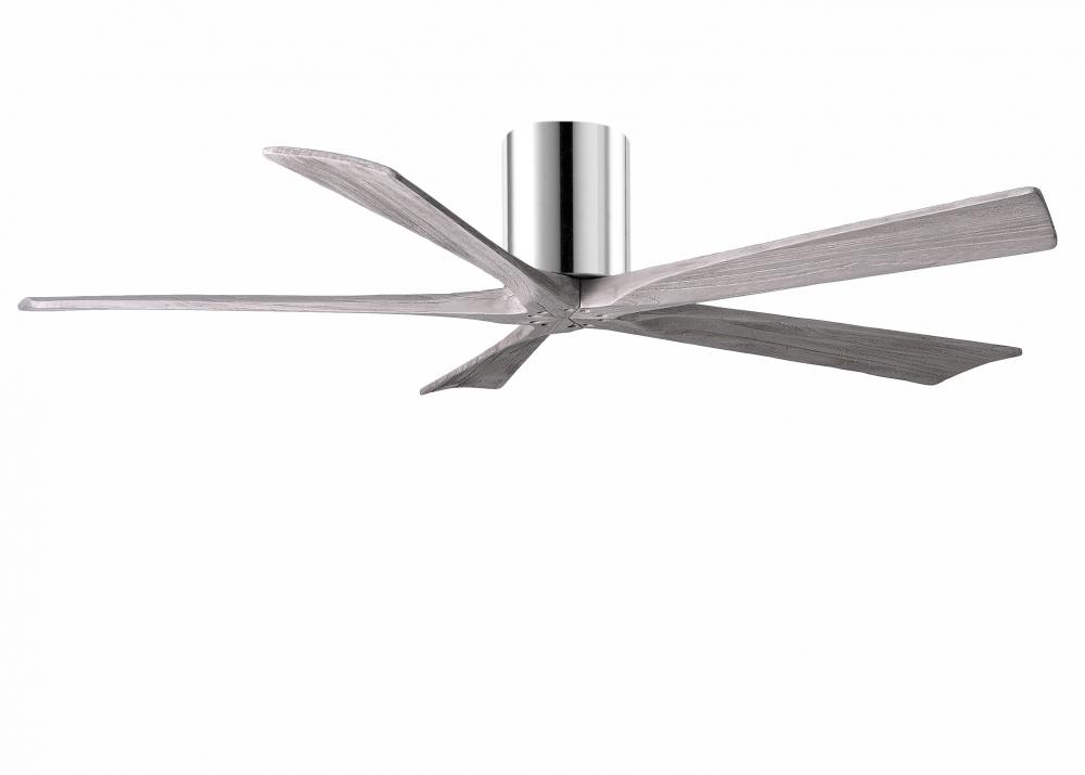 Irene-5H five-blade flush mount paddle fan in Polished Chrome finish with 60” solid barn wood to