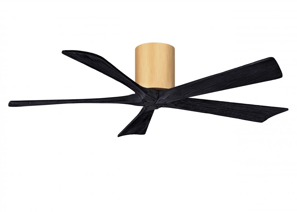 Irene-5H three-blade flush mount paddle fan in Light Maple finish with 52” Matte Black tone blad