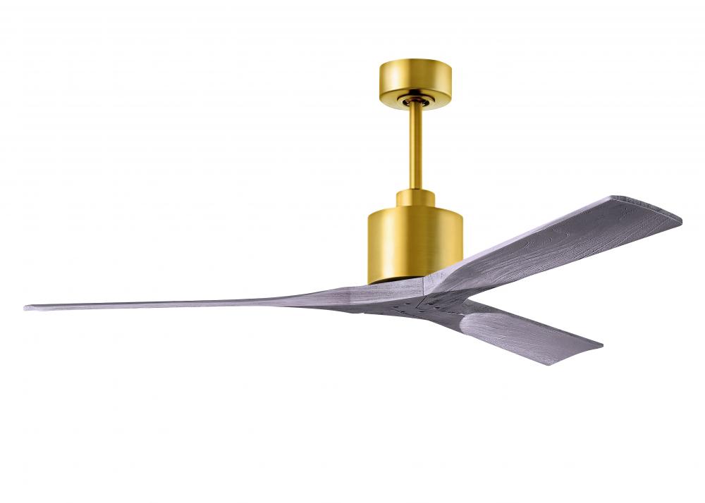 Nan 6-speed ceiling fan in Brushed Brass finish with 60” solid barn wood tone wood blades
