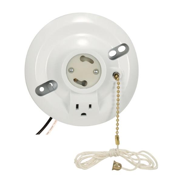 White Phenolic GU24 On-Off Pull Chain Ceiling Receptacle With Grounded Outlet; 6" AWM B/W Leads