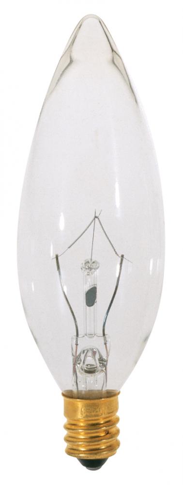 15 Watt BA9 1/2 Incandescent; Clear; 2500 Average rated hours; 114 Lumens; Candelabra base; 130 Volt