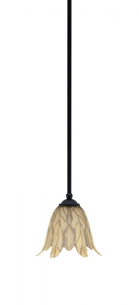 Zilo Stem Mini Pendant, Matte Black Finish, 7" Vanilla Leaf Glass