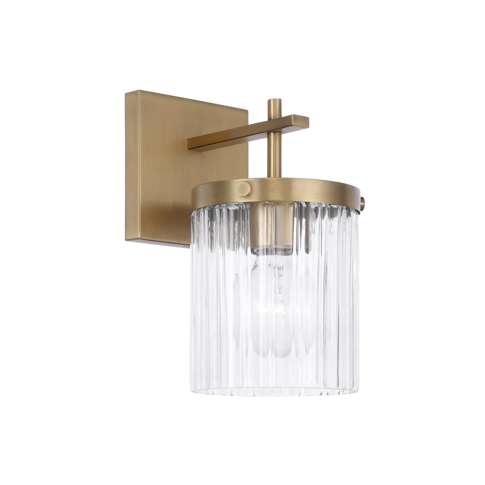 1-Light Sconce in Aged Brass with Clear Beveled Fluted Glass