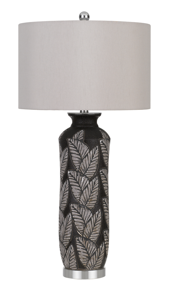 150W 3 Way Shiloh Ceramic Table Lamp With Leaf Design And Drum Hardback Fabric Shade
