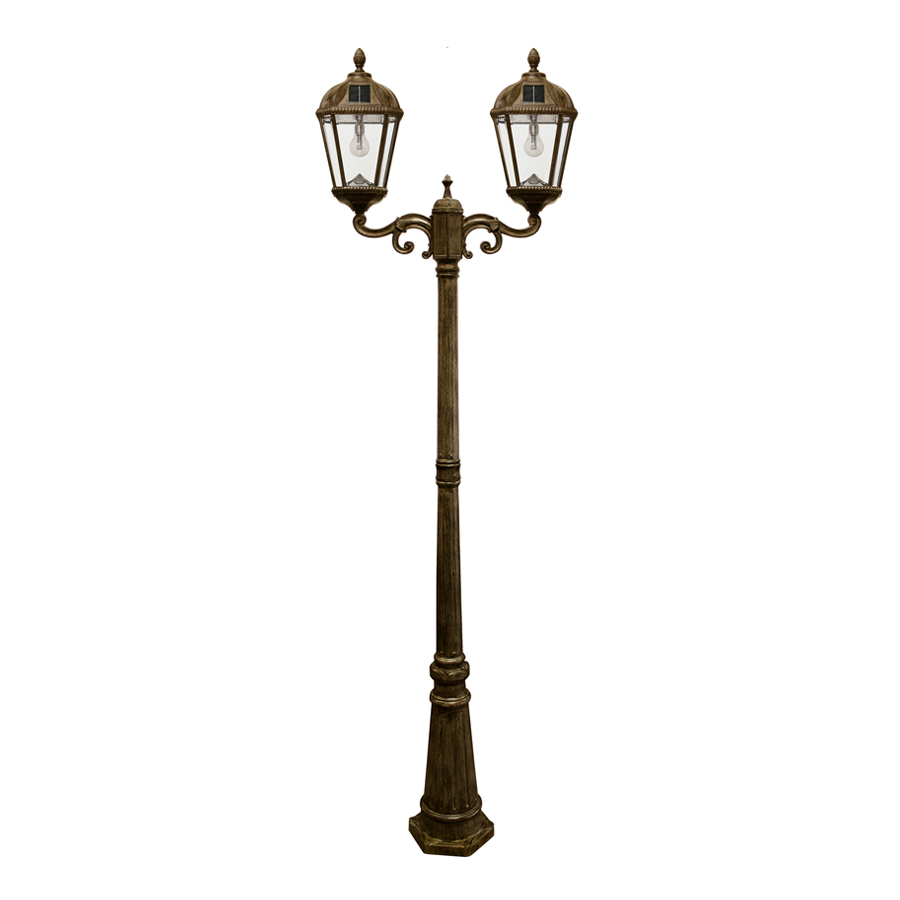 Royal Bulb Double Head Lamp Post with GS Solar LED Light Bulb- Weathered Bronze Finish