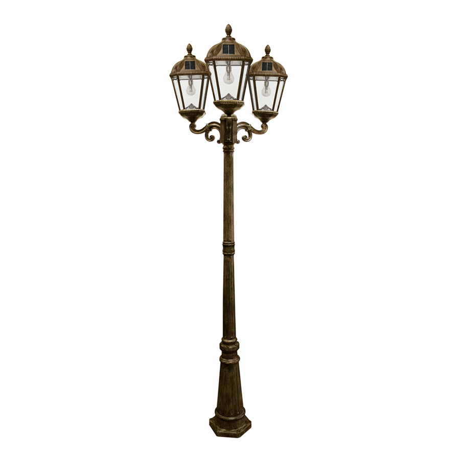 Royal Bulb Triple Head Lamp Post with GS Solar LED Light Bulb - Weathered Bronze Finish