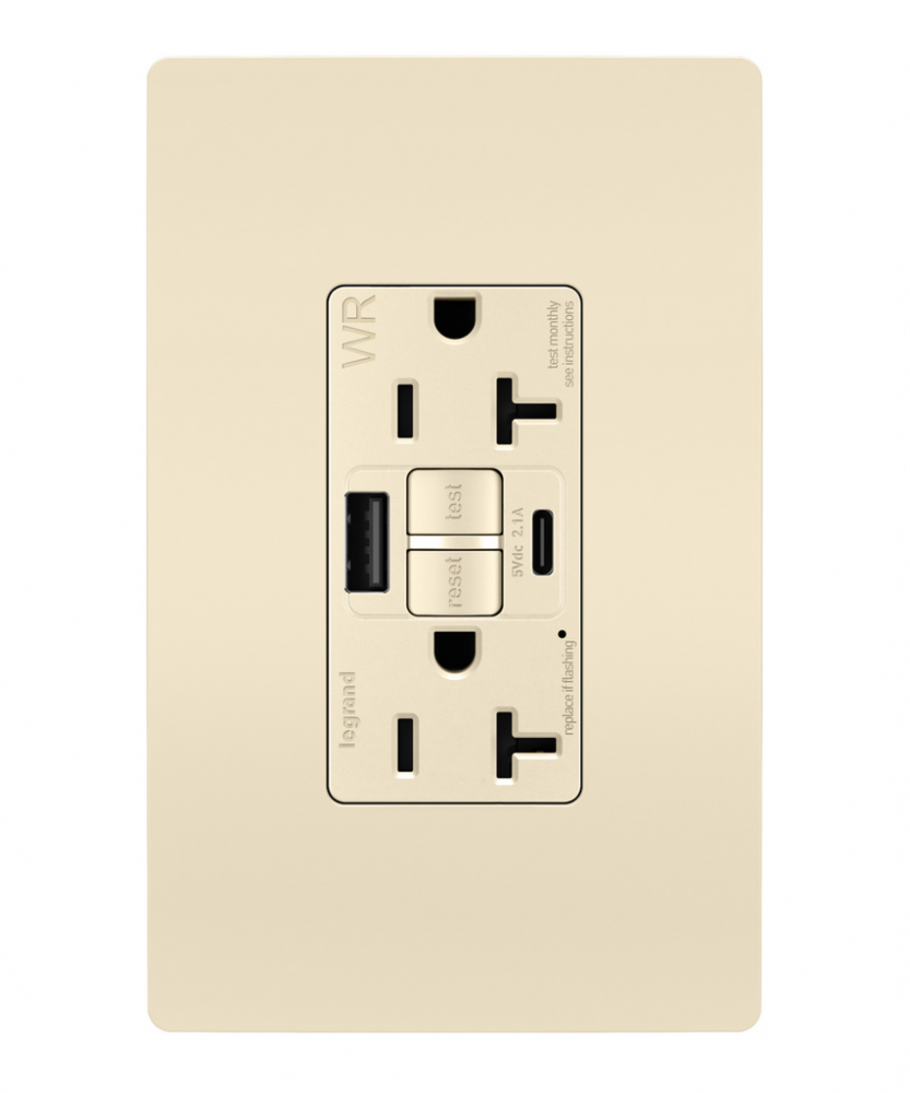 radiant® Tamper-Resistant Weather-Resistant Duplex Self-Test GFCI with USB Type A/C Outlet, Light Al