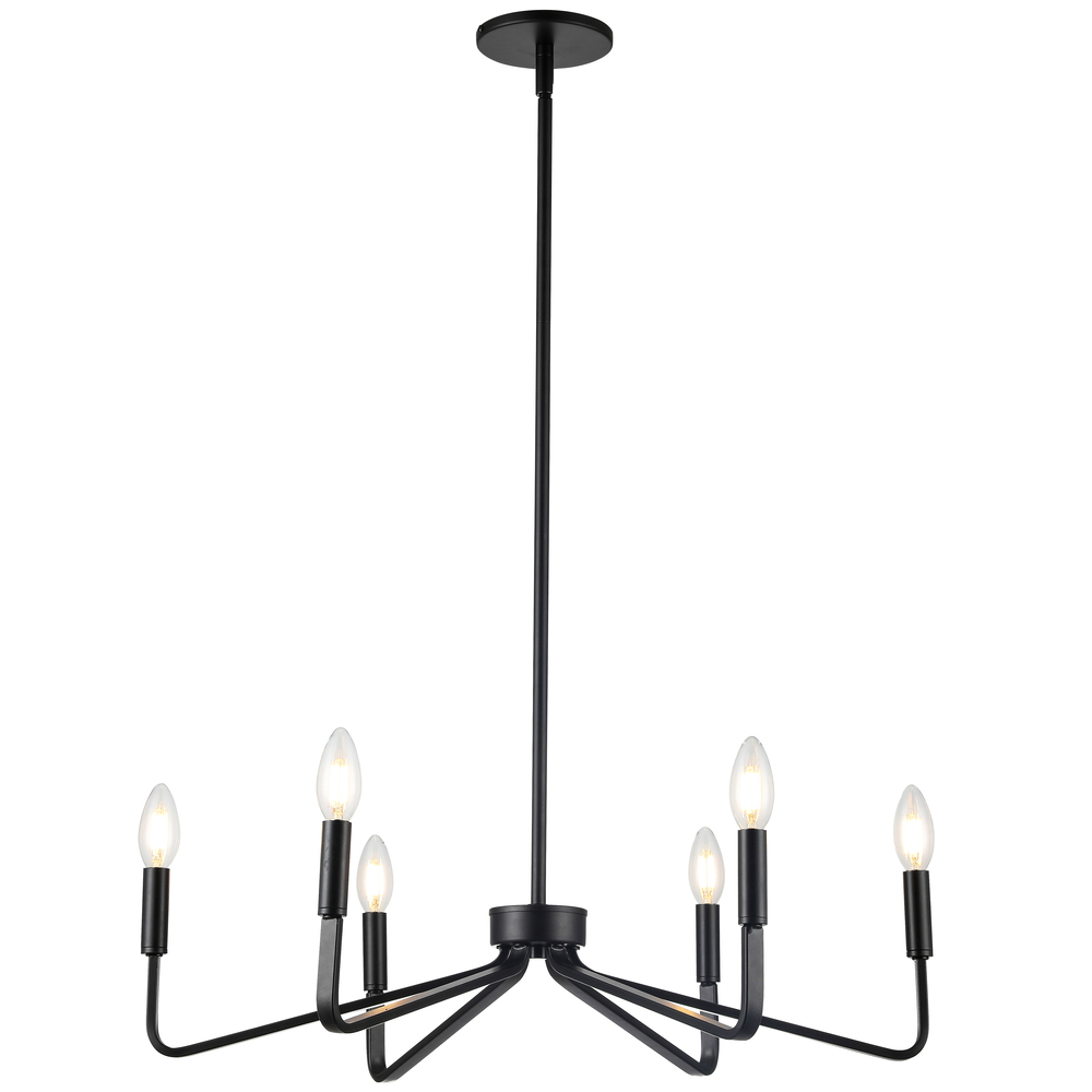 6 Light Incandescent Chandelier, Matte Black