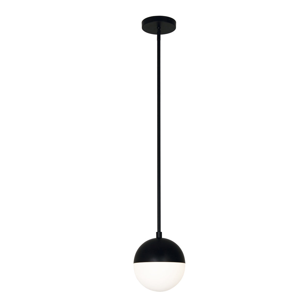 1 Light Halogen Pendant, Matte Black Finish with White Glass