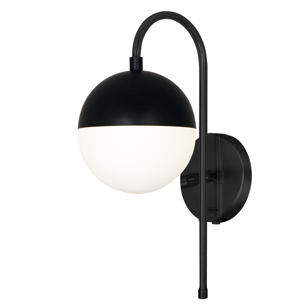 1 Light Halogen Wall Sconce, Matte Black with White Glass, Hardwire or Plug-In