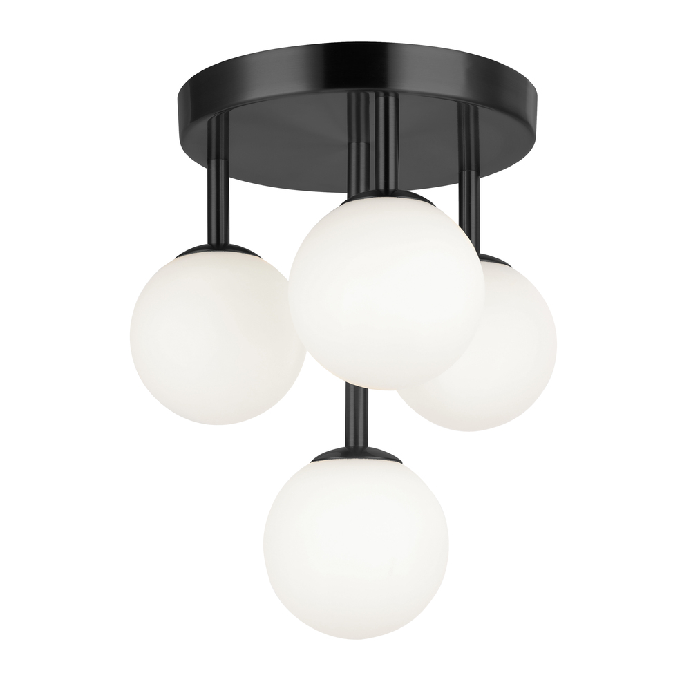 4 Light Flush Mount, Matte Black with White Opal Glass