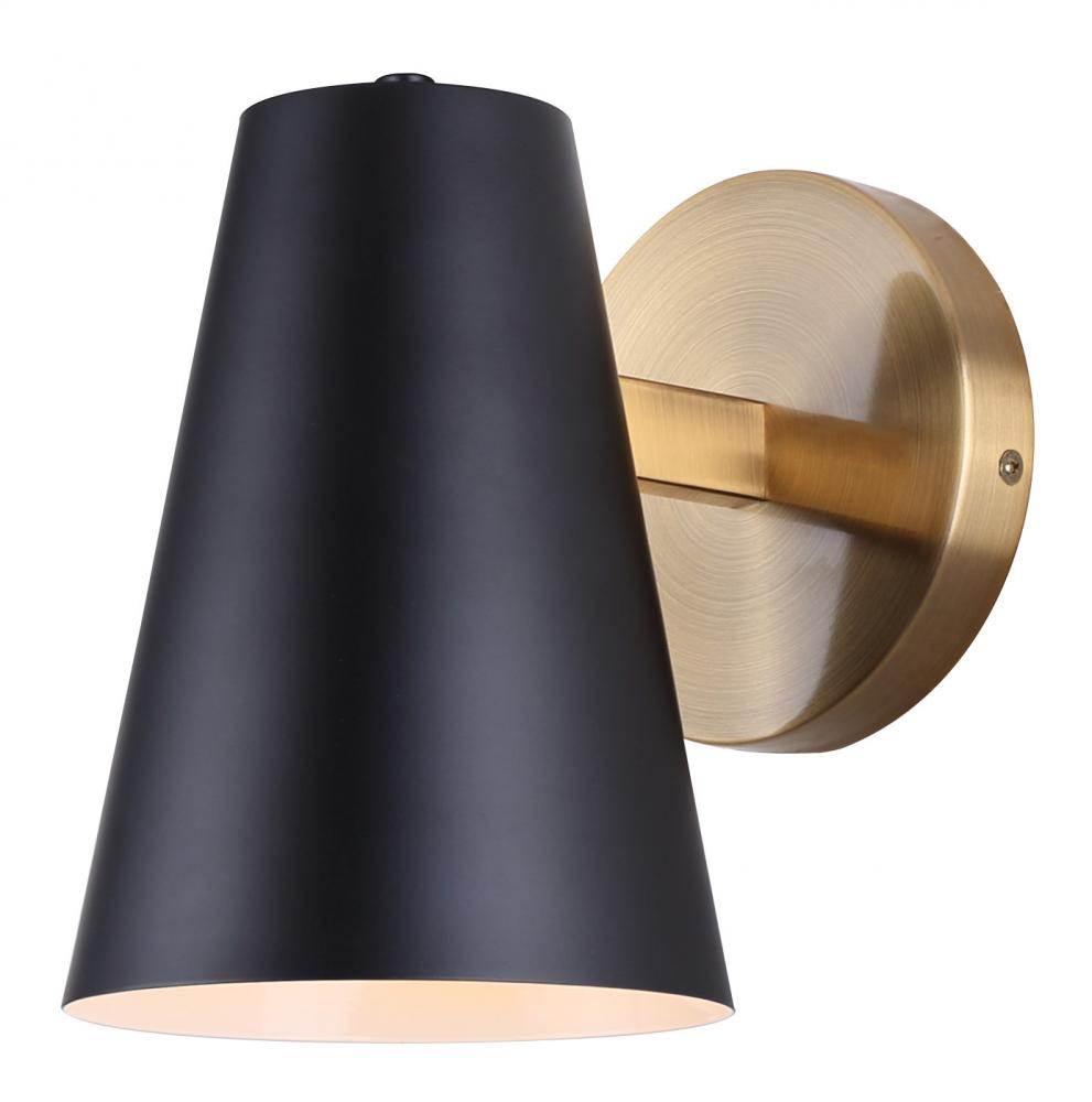 HARKEN 5.375 in. 1 Light Matte Black and Gold Sconce with Black Metal Shade