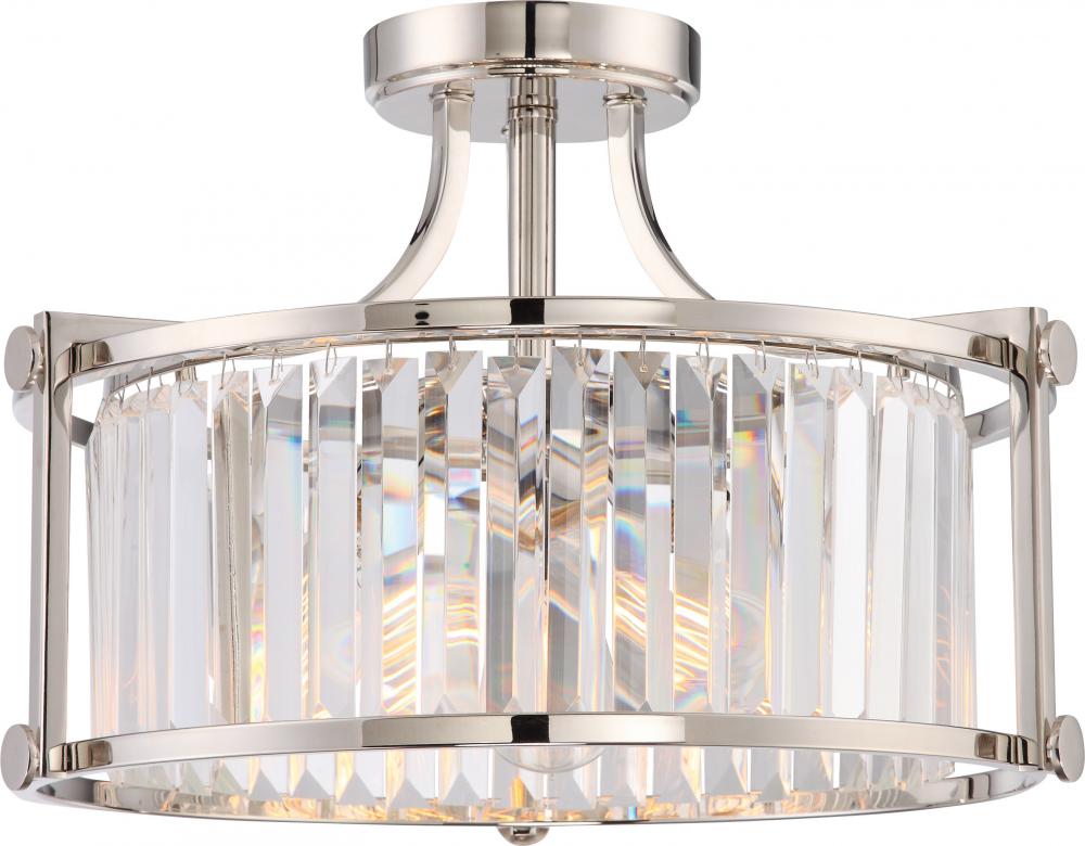 Krys- 3 Light Crystal Accent Semi Flush Mount - Polished Nickel Finish