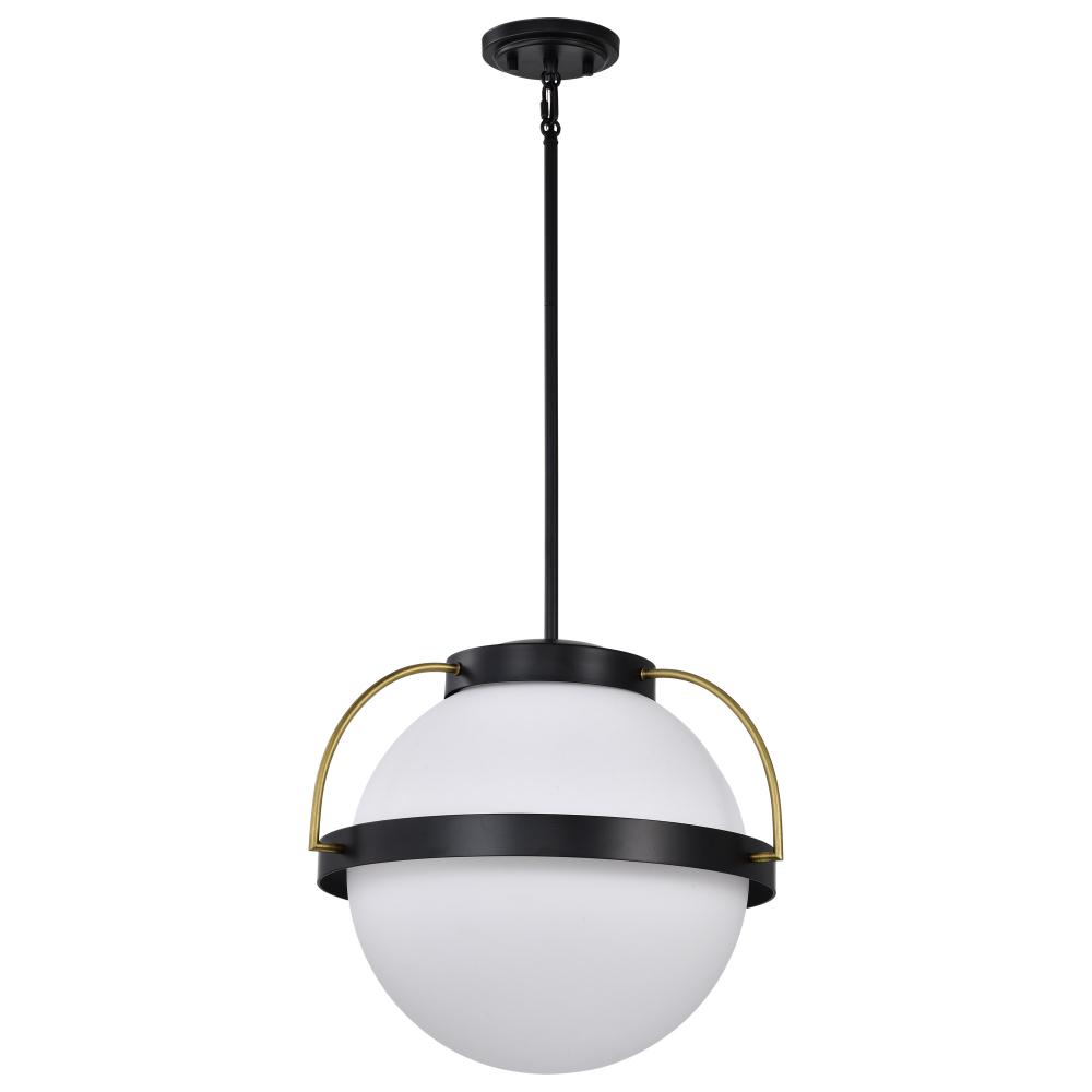 Lakeshore 1 Light Medium Pendant; Matte Black & Natural Brass Finish; White Opal Glass