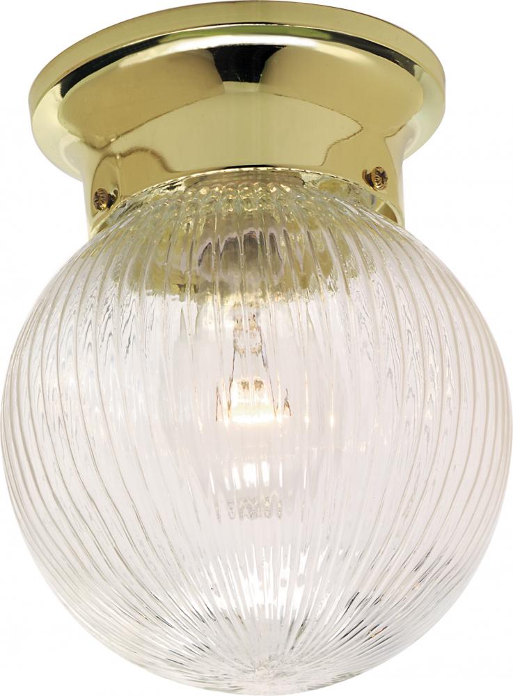1 Light - 6" Flush with Clear Ribbed Glass - Polished Brass Finish